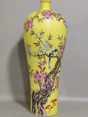 Qing Dynasty Yongzheng yellow glaze rolled plum vase with flowers and birds inscribed with poems