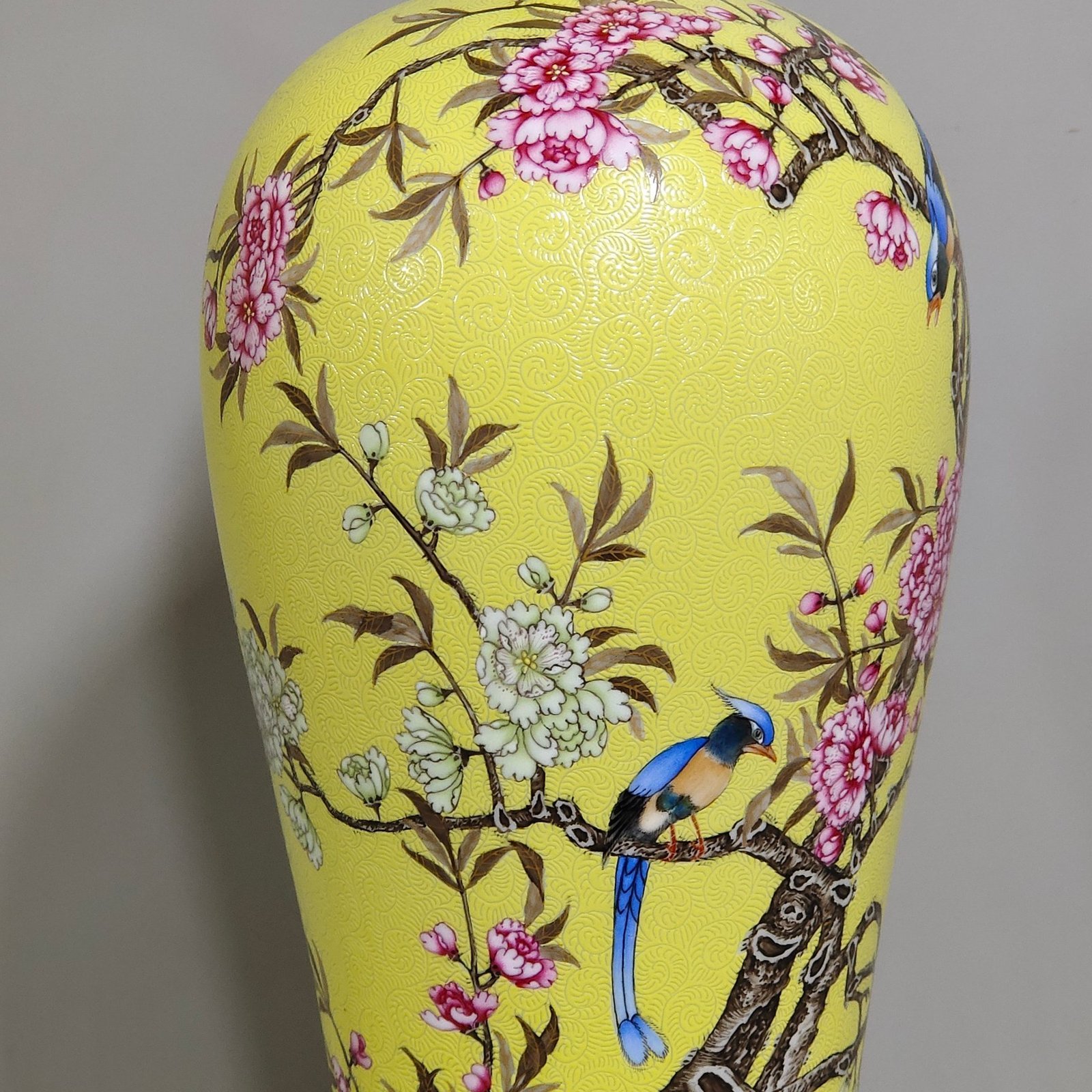 Qing Dynasty Yongzheng yellow glaze rolled plum vase with flowers and birds inscribed with poems