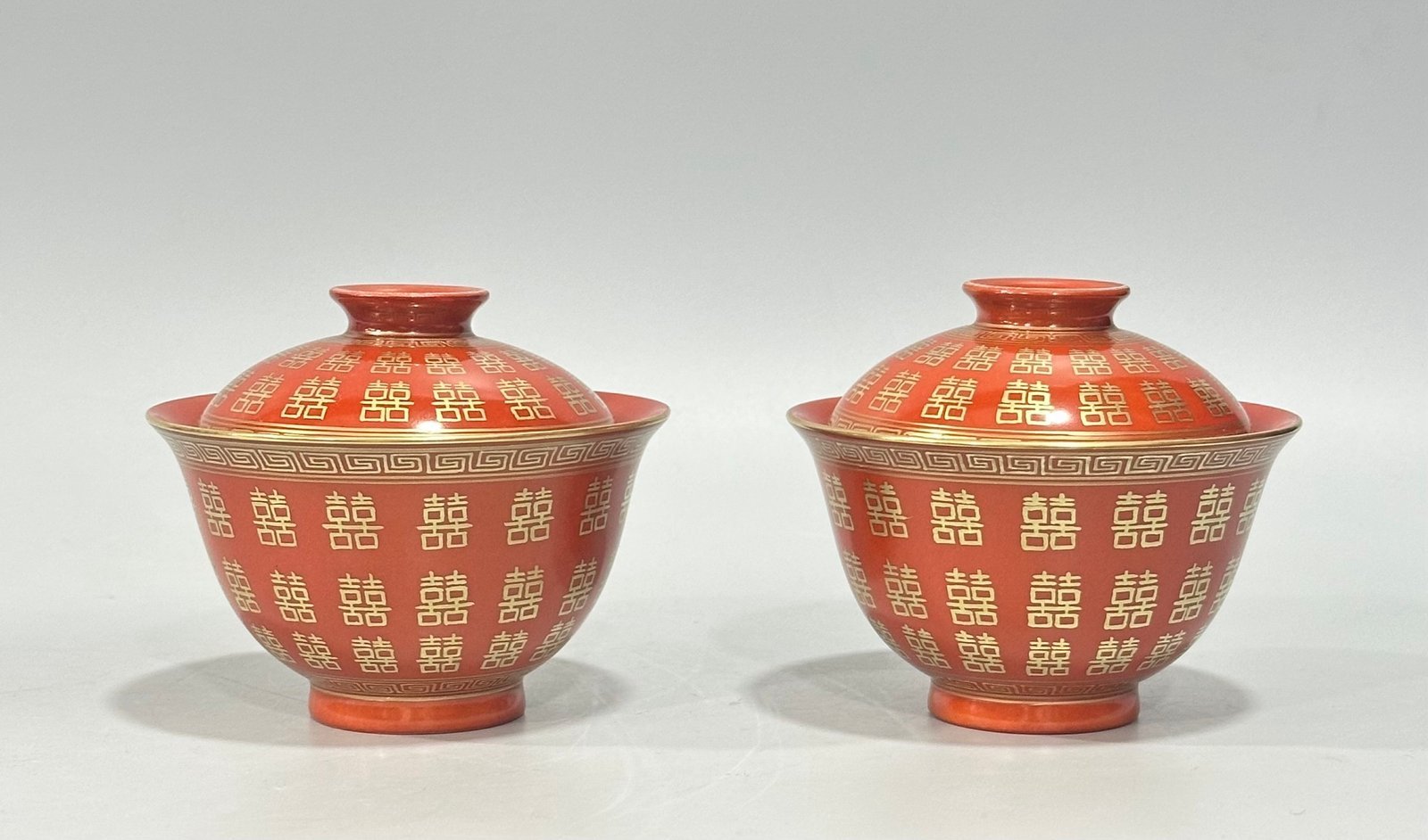 Qing Dynasty Tongzhi Pastel coral red gilded bowl with double happiness pattern