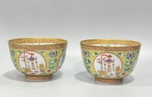 Qing Dynasty Tongzhi Pastel yellow ground gourd flower window bowl with grain harvest pattern