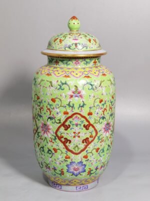 Qing Dynasty Jiaqing pine green ground pastel passion fruit pattern lid jar