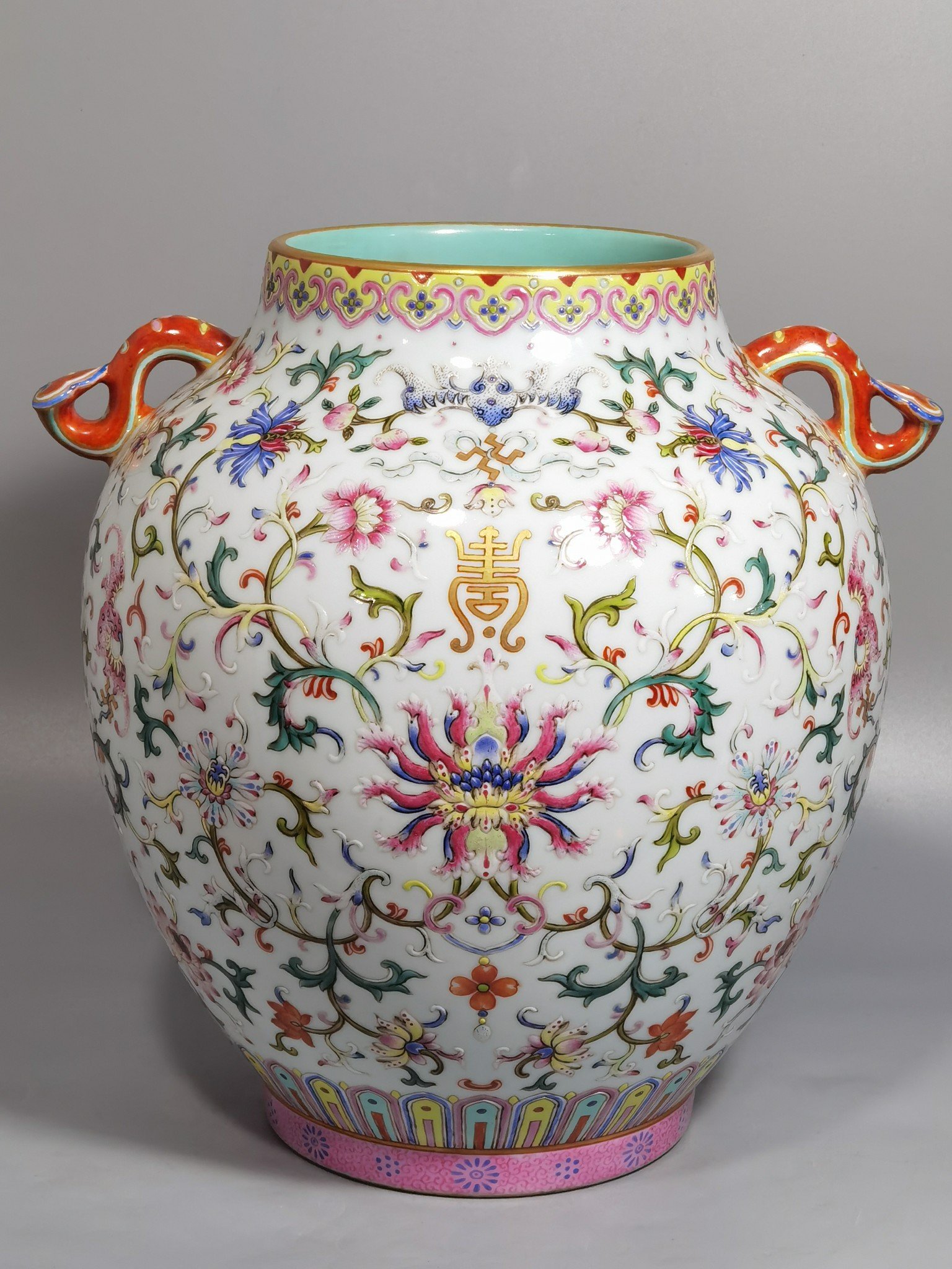 Qing Dynasty Jiaqing Pastel Ruyi Ear Zun with Wrapped Branches and Longevity