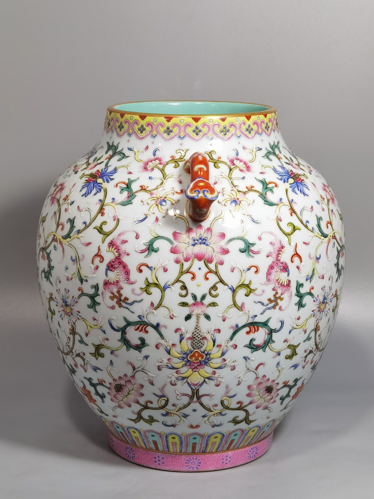 Qing Dynasty Jiaqing Pastel Ruyi Ear Zun with Wrapped Branches and Longevity