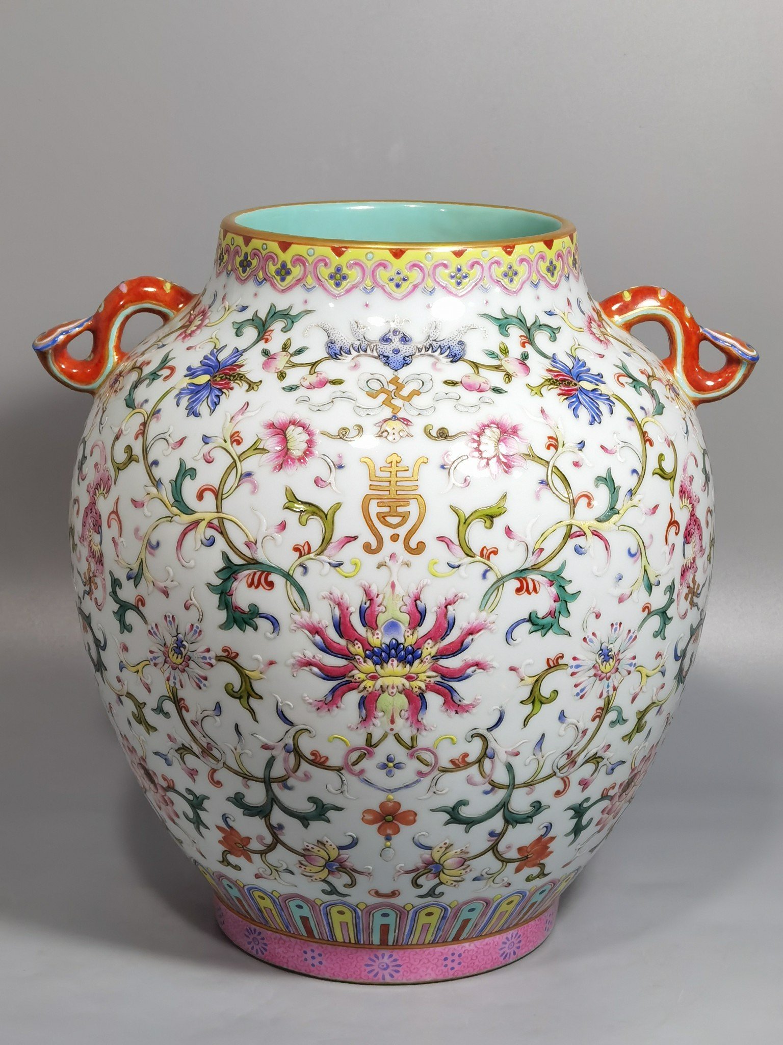 Qing Dynasty Jiaqing Pastel Ruyi Ear Zun with Wrapped Branches and Longevity