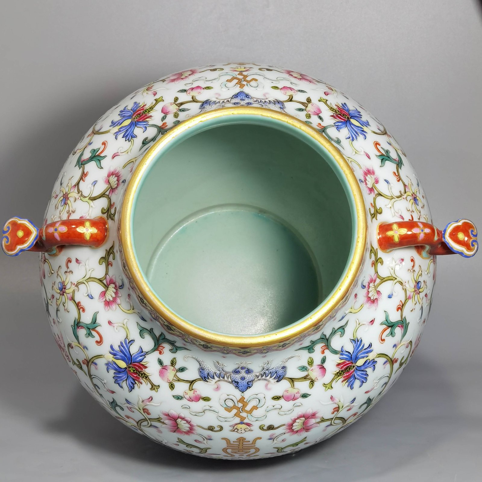 Qing Dynasty Jiaqing Pastel Ruyi Ear Zun with Wrapped Branches and Longevity