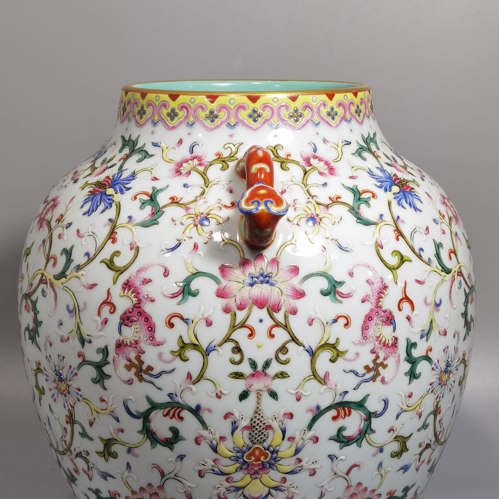 Qing Dynasty Jiaqing Pastel Ruyi Ear Zun with Wrapped Branches and Longevity