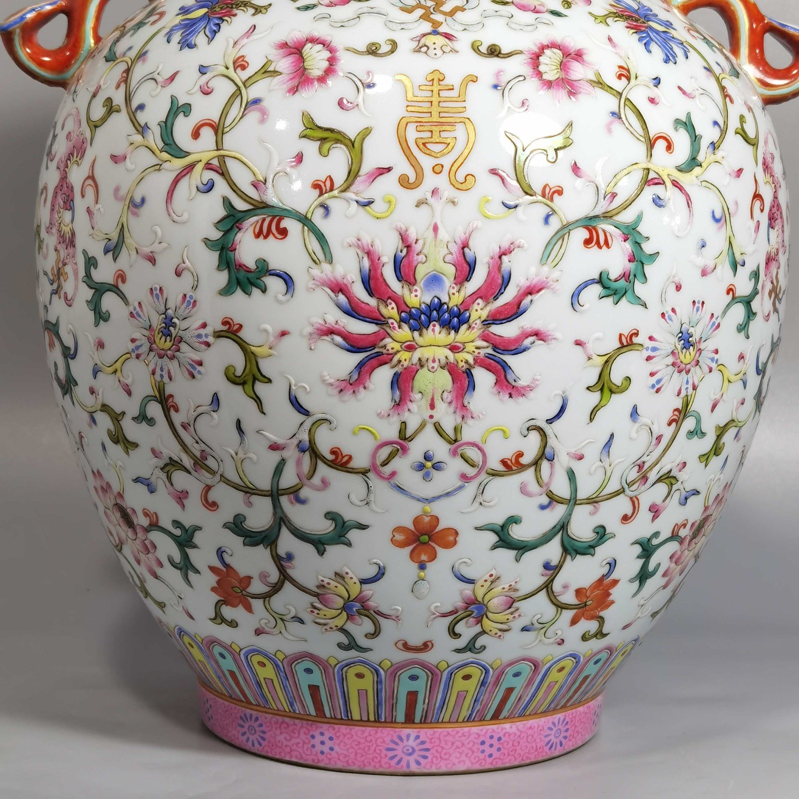 Qing Dynasty Jiaqing Pastel Ruyi Ear Zun with Wrapped Branches and Longevity