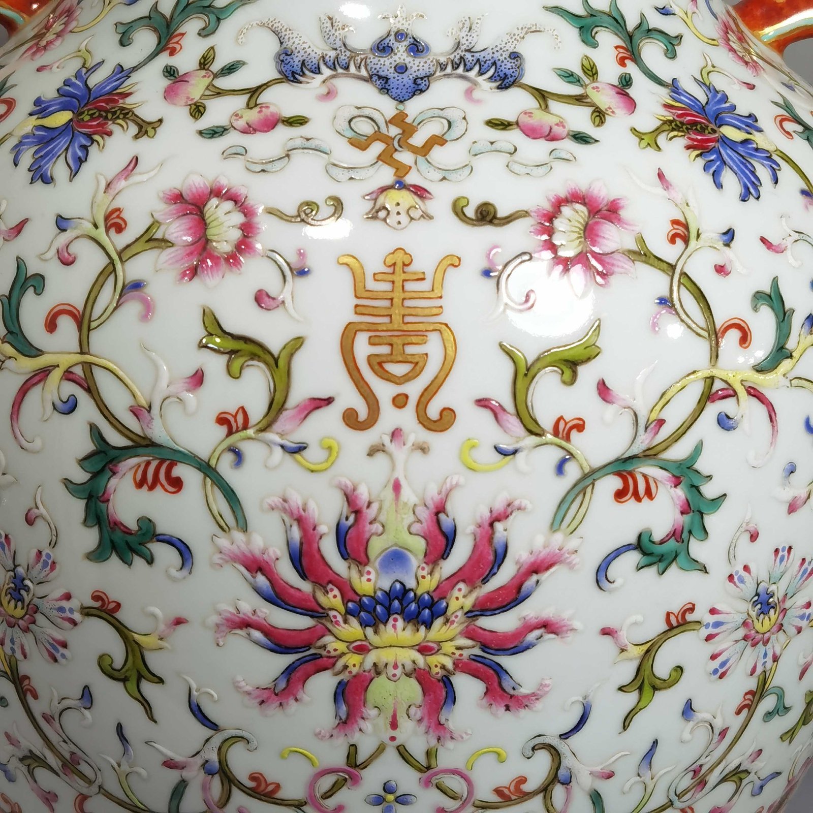 Qing Dynasty Jiaqing Pastel Ruyi Ear Zun with Wrapped Branches and Longevity