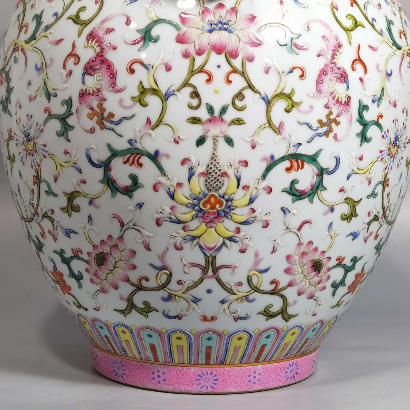 Qing Dynasty Jiaqing Pastel Ruyi Ear Zun with Wrapped Branches and Longevity