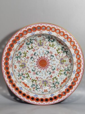 Qing Dynasty Jiaqing style white ground pastel hollow plate with blessings longevity treasures and flowers