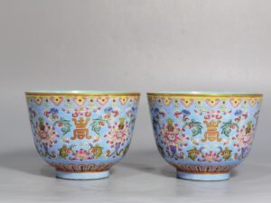 Qing Dynasty Jiaqing model a pair of blue and pastel colored cups with lotus and lotus patterns on them