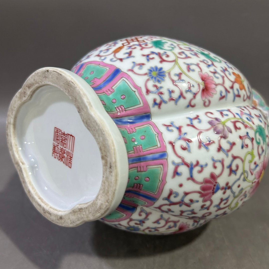 Qing Dynasty Jiaqing pastel lotus and elephant ear vase
