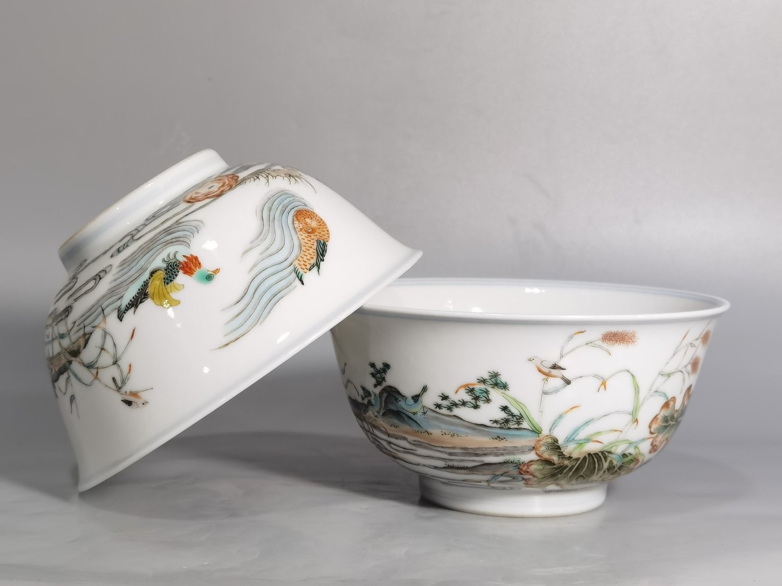 Qing Dynasty Kangxi pair of colorful mandarin duck lotus and kingfisher bowls
