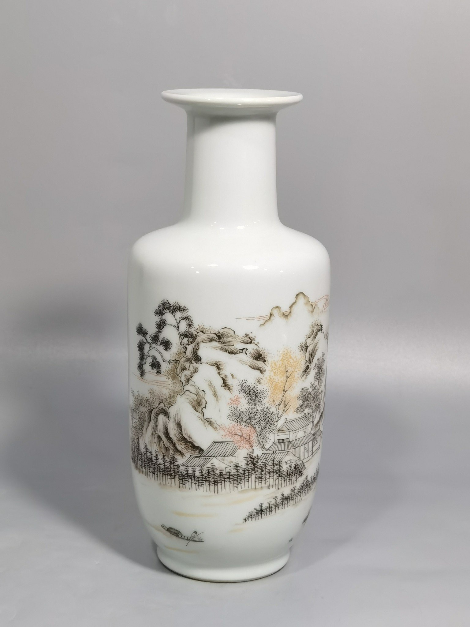 Qing Dynasty Kangxi ink color landscape and figures stick vase