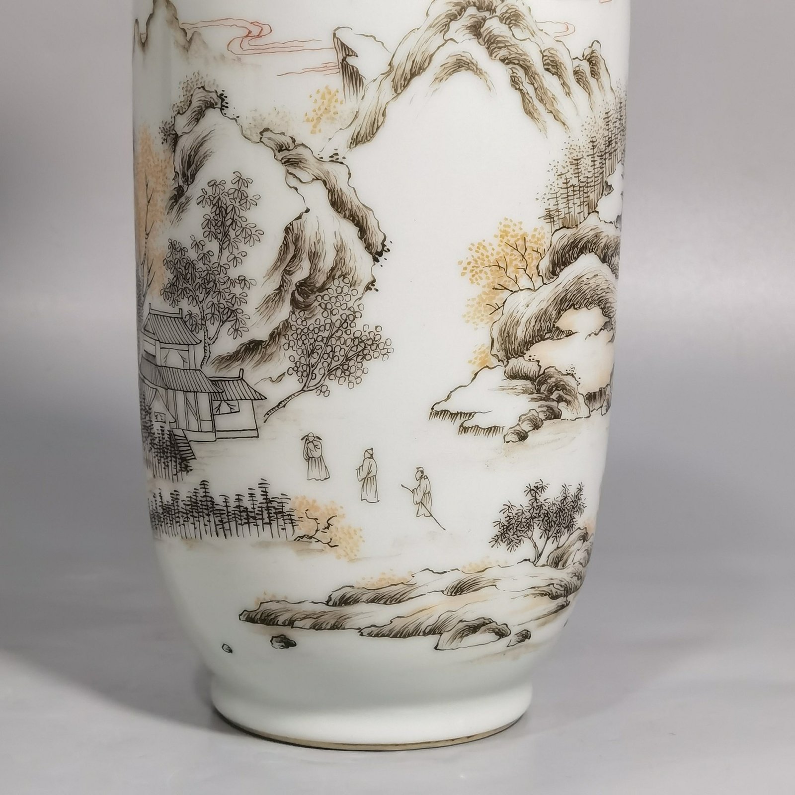 Qing Dynasty Kangxi ink color landscape and figures stick vase
