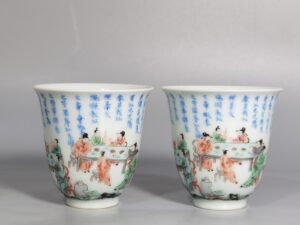 Qing Dynasty Kangxi blue and white colorful Spring Night Peach and Plum cup