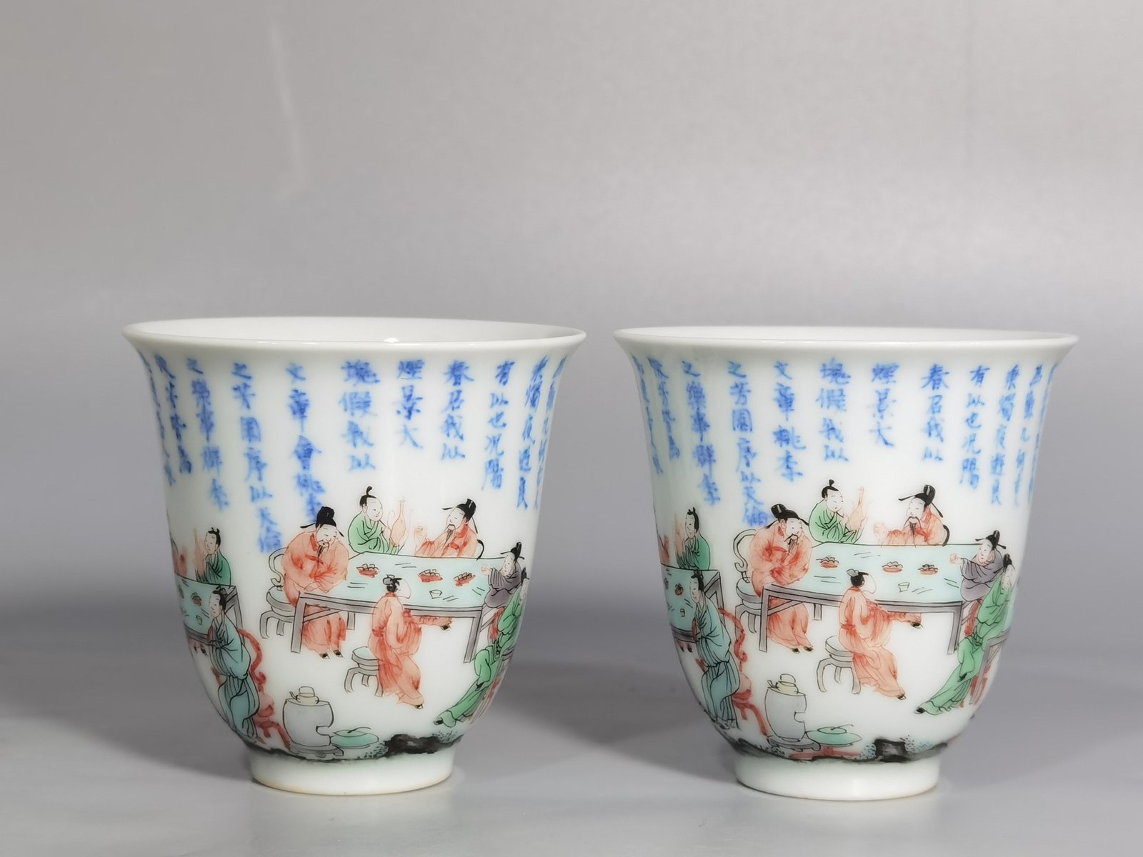 Qing Dynasty Kangxi blue and white colorful Spring Night Peach and Plum cup