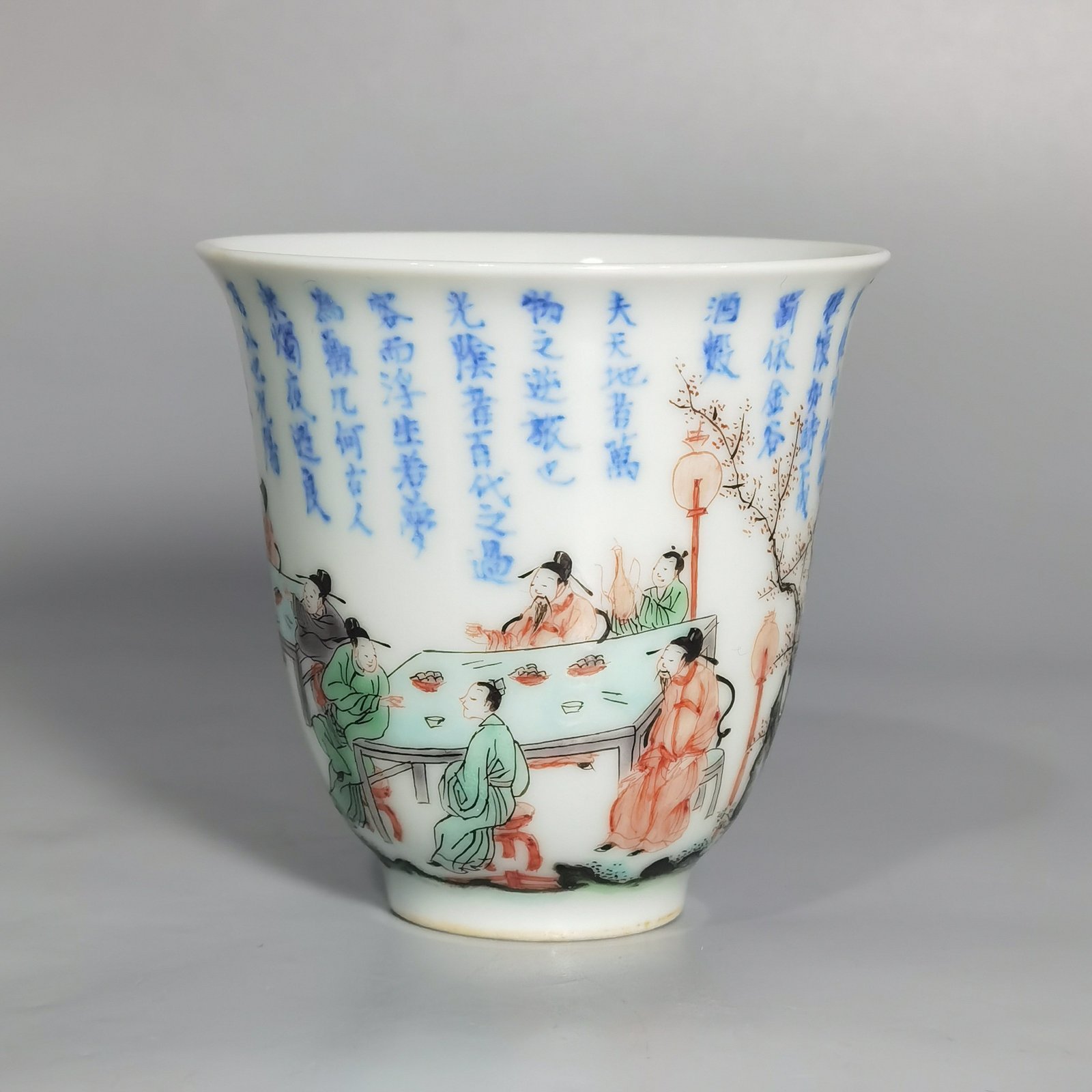 Qing Dynasty Kangxi blue and white colorful Spring Night Peach and Plum cup