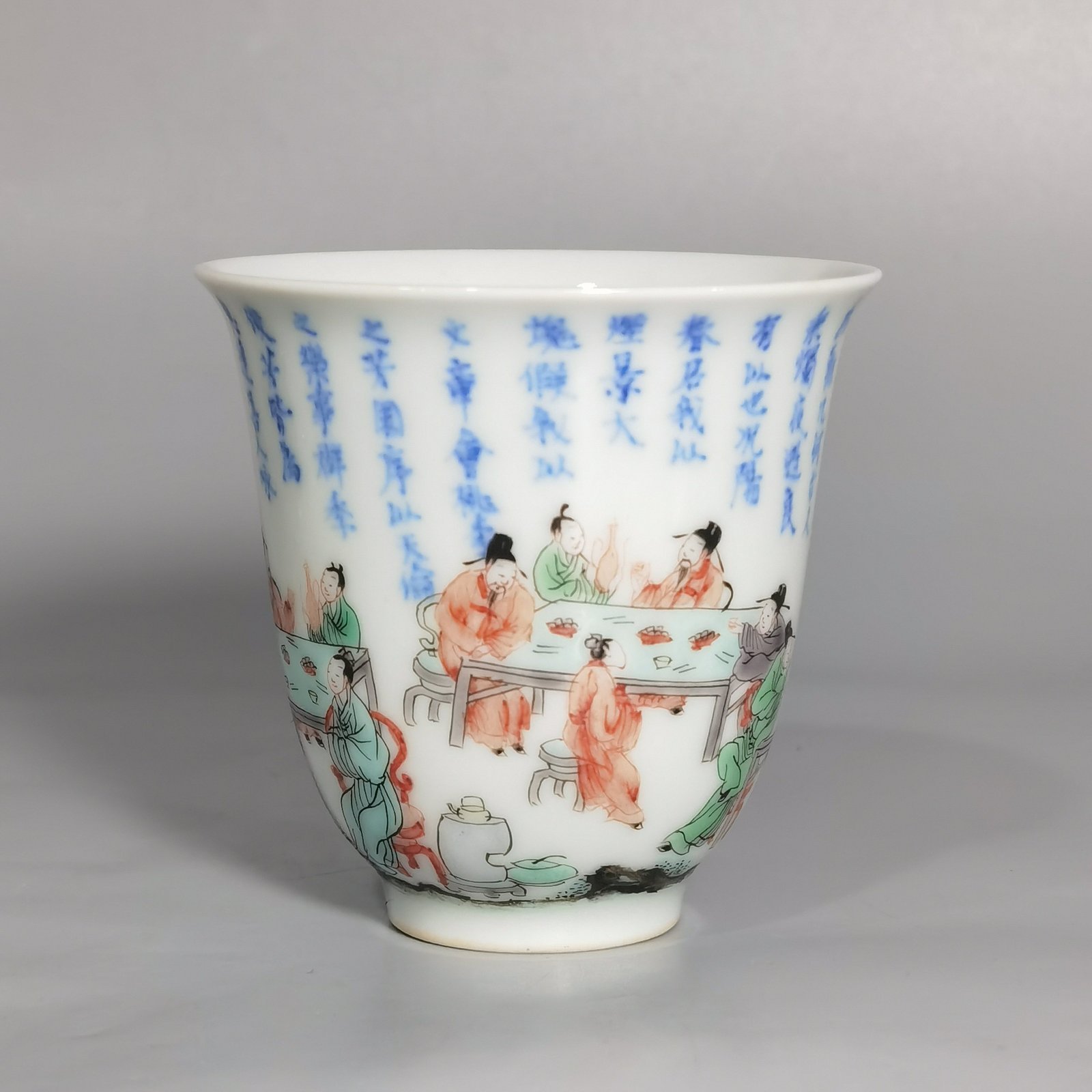 Qing Dynasty Kangxi blue and white colorful Spring Night Peach and Plum cup