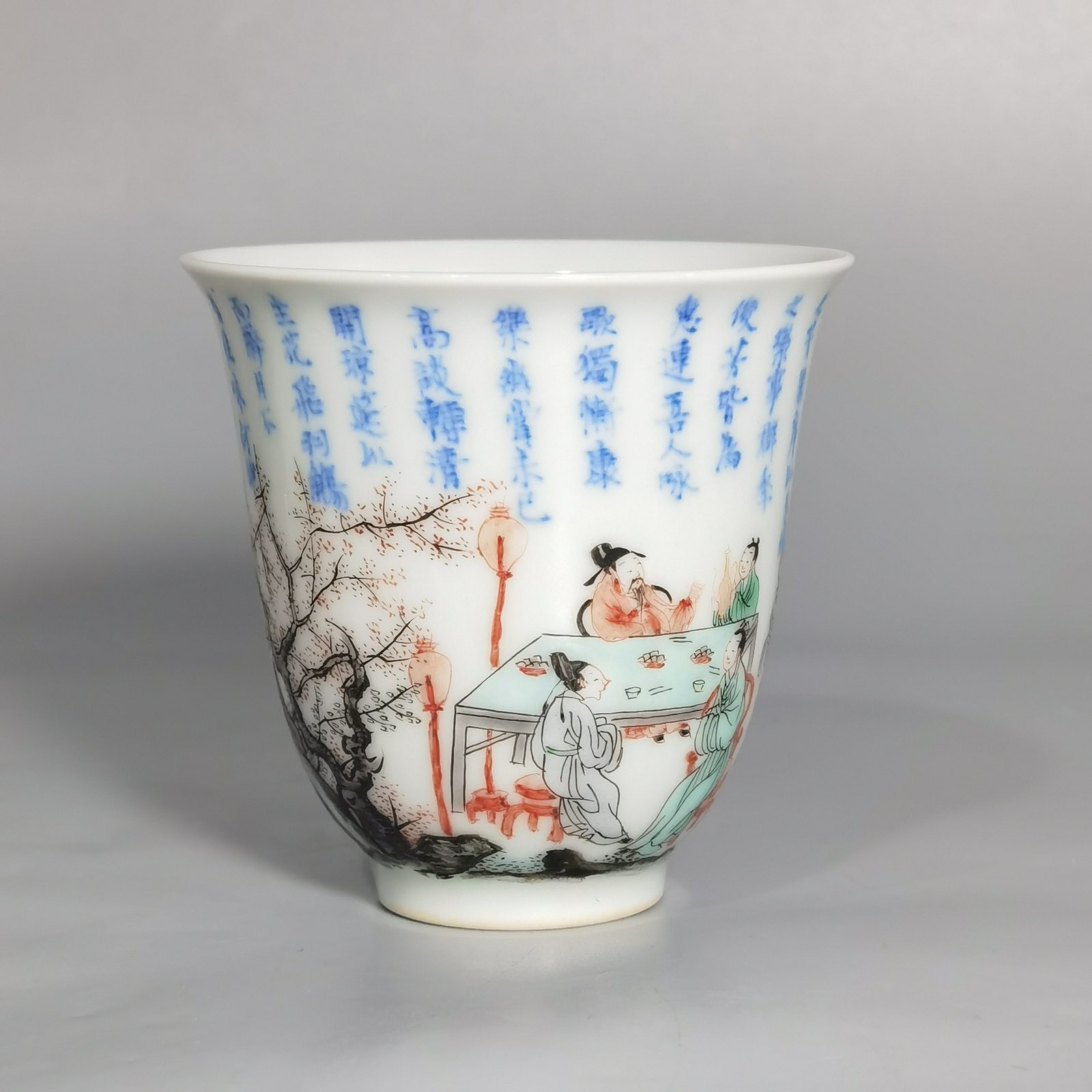 Qing Dynasty Kangxi blue and white colorful Spring Night Peach and Plum cup