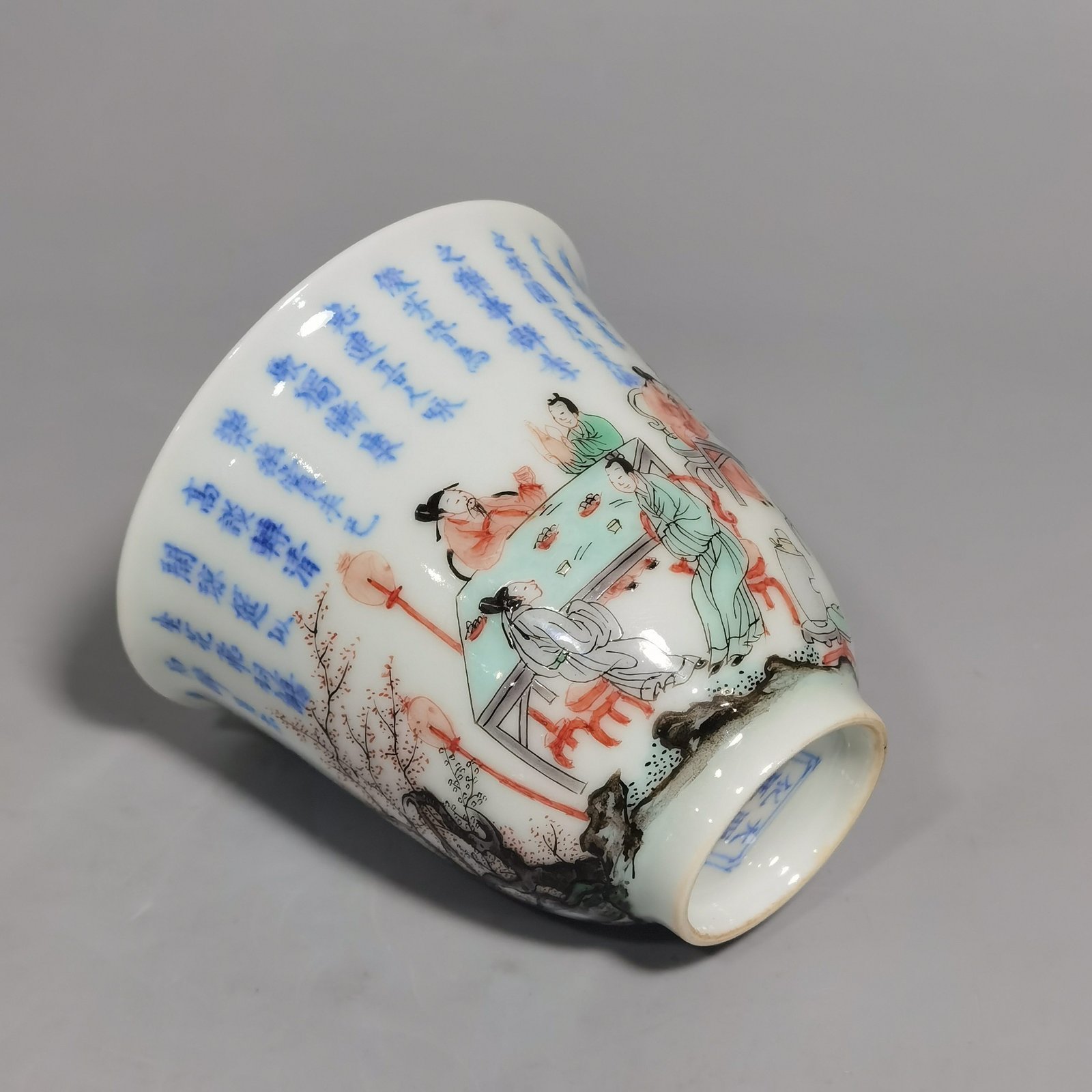 Qing Dynasty Kangxi blue and white colorful Spring Night Peach and Plum cup