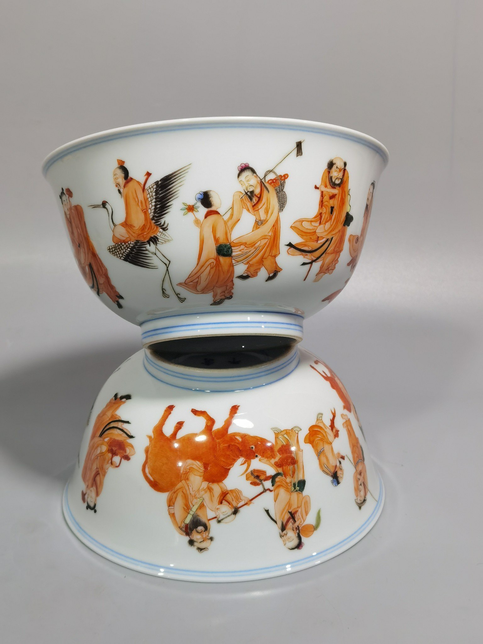 Qing Dynasty Kangxi pair of alum-red five-color Eight Immortals birthday bowl