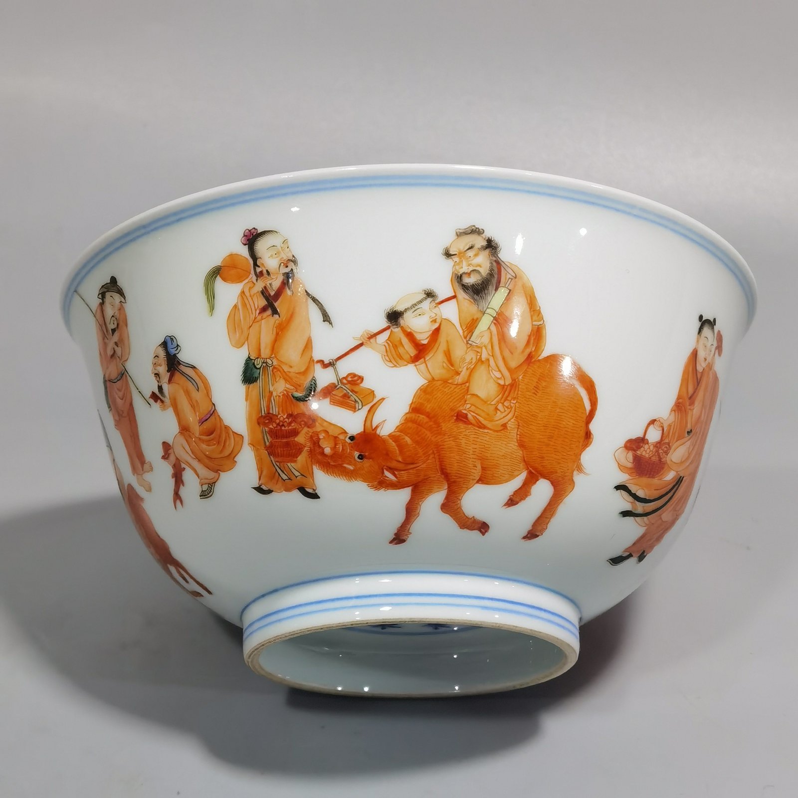 Qing Dynasty Kangxi pair of alum-red five-color Eight Immortals birthday bowl