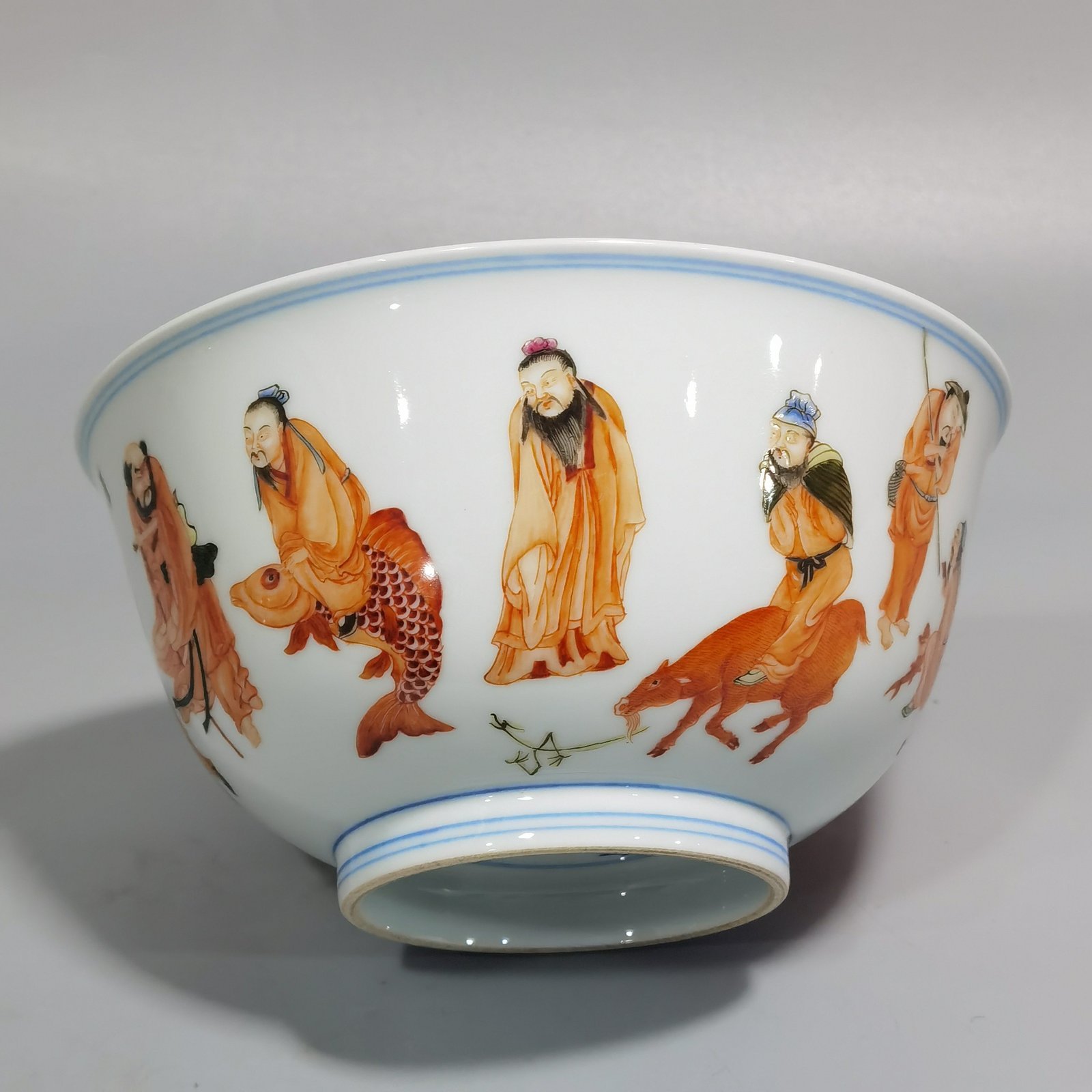 Qing Dynasty Kangxi pair of alum-red five-color Eight Immortals birthday bowl