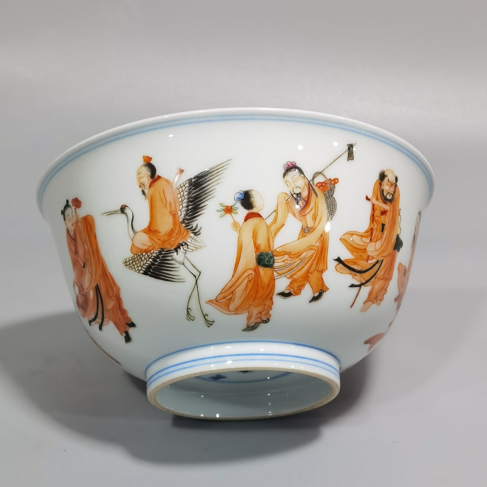 Qing Dynasty Kangxi pair of alum-red five-color Eight Immortals birthday bowl