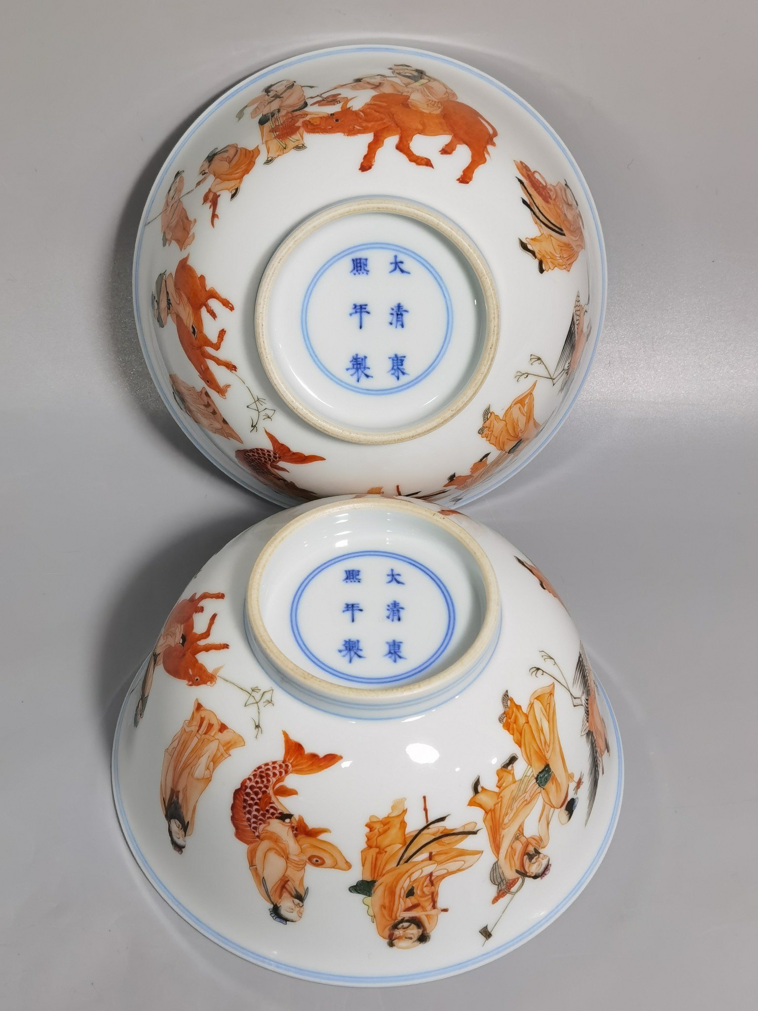 Qing Dynasty Kangxi pair of alum-red five-color Eight Immortals birthday bowl