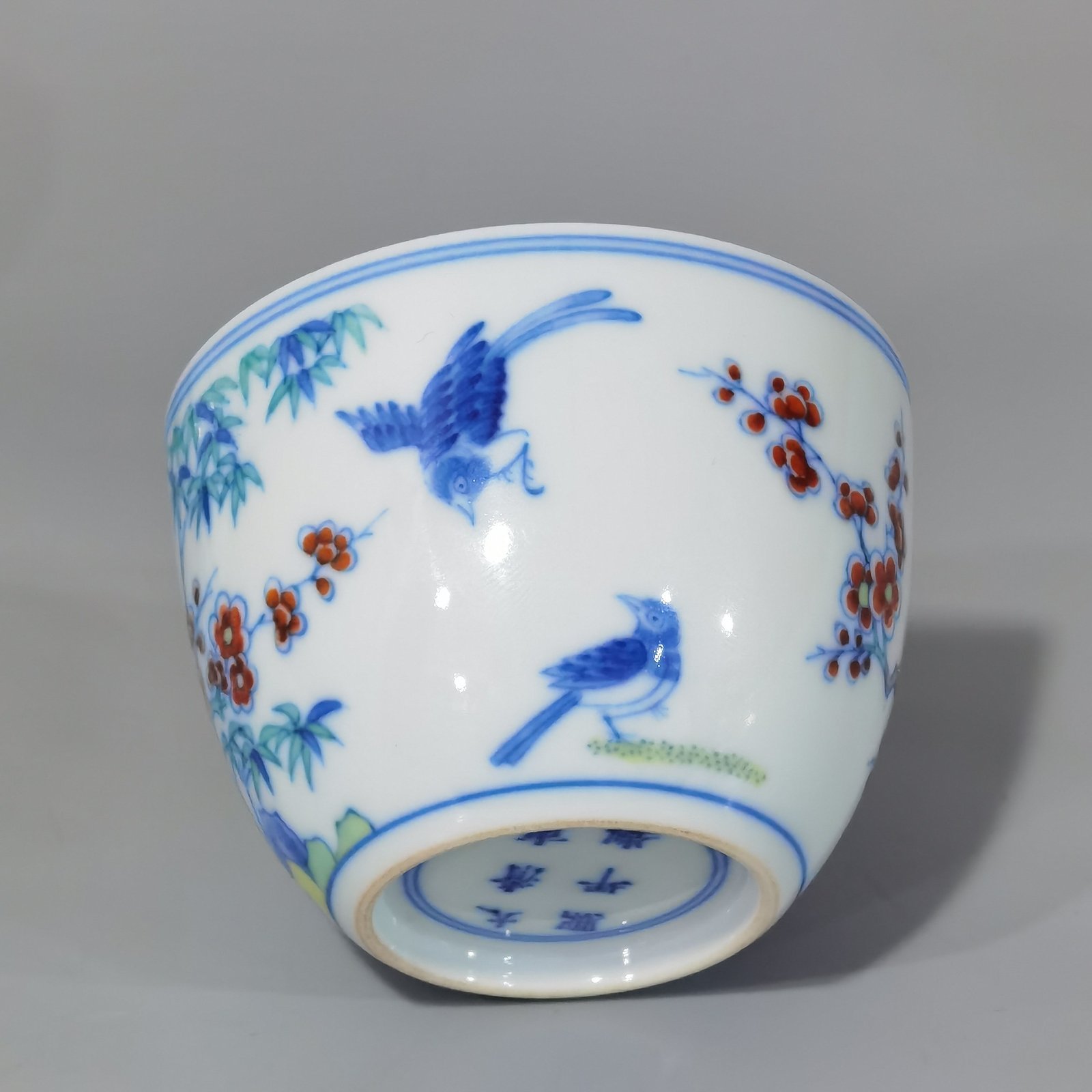 Qing Dynasty Kangxi Blue and White Doucai Magpie Climbing Plum Cup