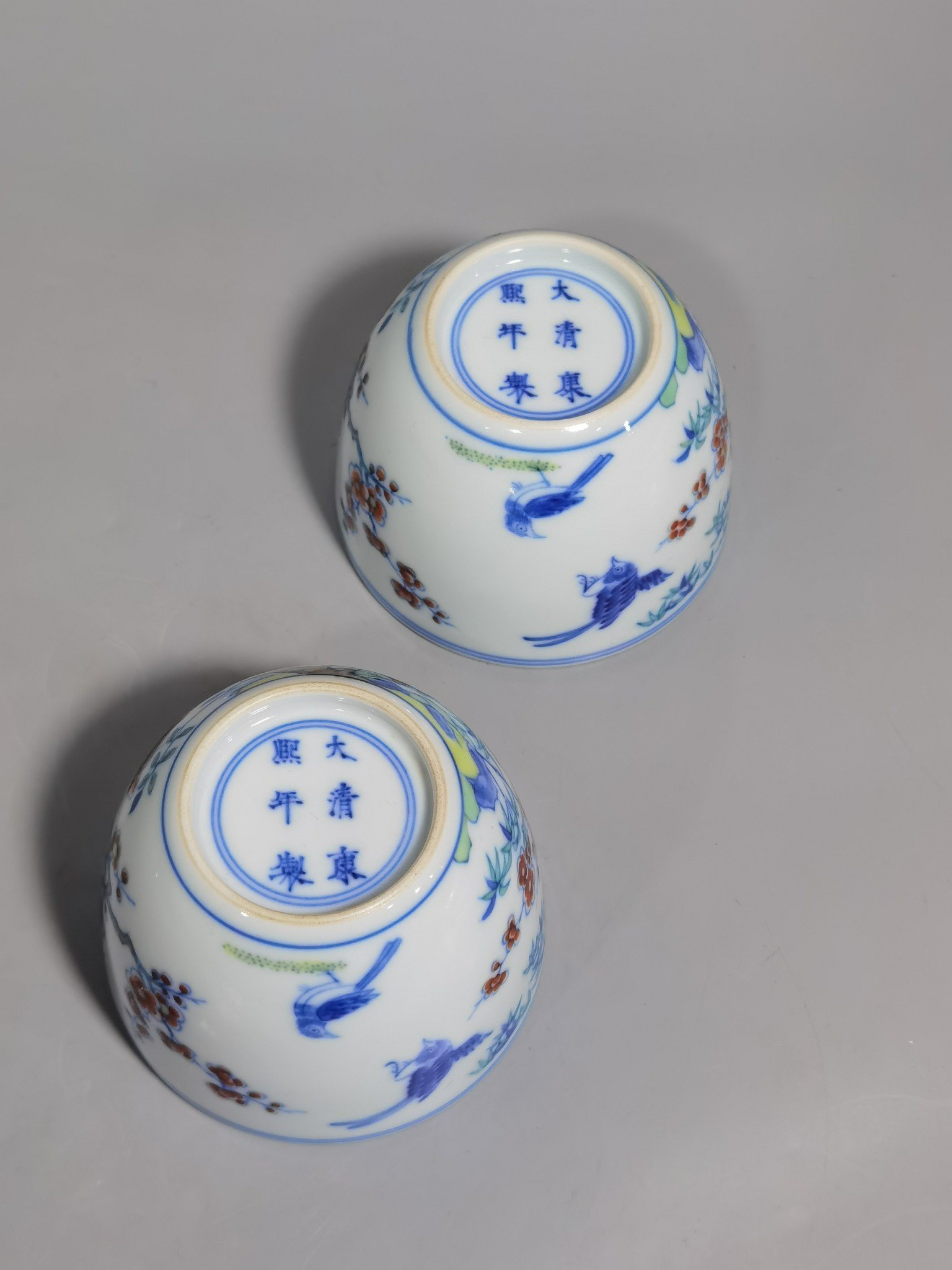 Qing Dynasty Kangxi Blue and White Doucai Magpie Climbing Plum Cup