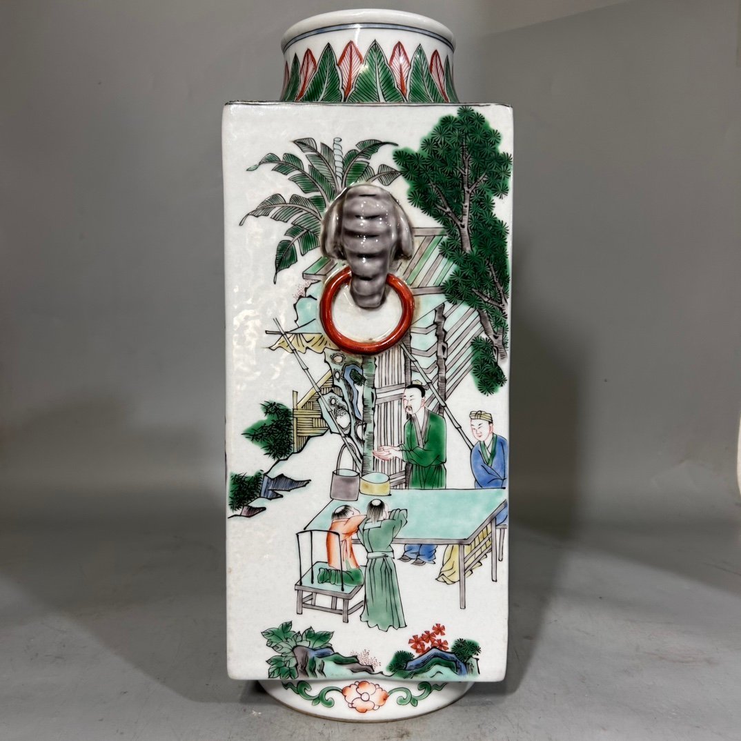 Qing Dynasty Kangxi colorful figure square inlay vase