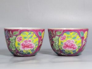 Qing Dynasty Kangxi pair of enamel and rouge ground consecrated cups with floral patterns