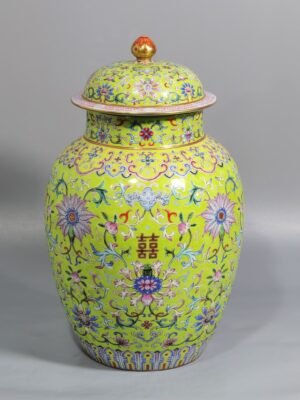 Qing Dynasty Daoguang walnut green land pastel blessing and longevity twining lotus pattern lid jar