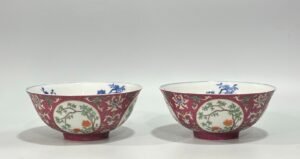 Qing Dynasty Daoguang Enamel rouge flower bowl with blue and white interior and floral pattern