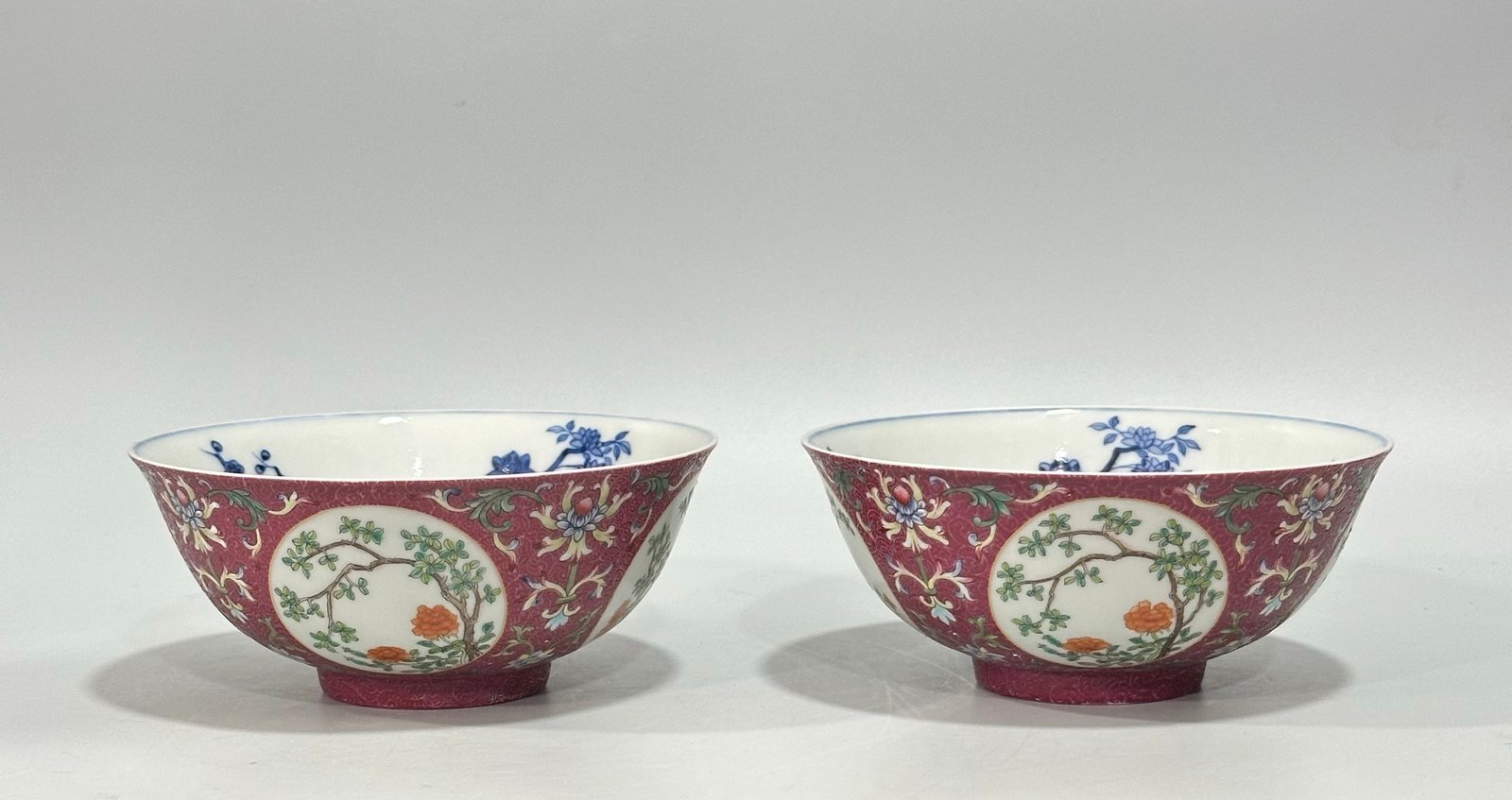 Qing Dynasty Daoguang Enamel rouge flower bowl with blue and white interior and floral pattern