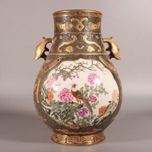 Qing Dynasty Qianlong enamel color black gold glaze gold-painted window flowers birds and deer ears