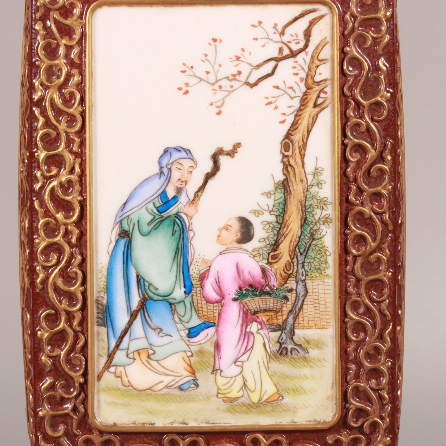 Qing Dynasty Qianlong enamel sauce glaze square vase with gold characters