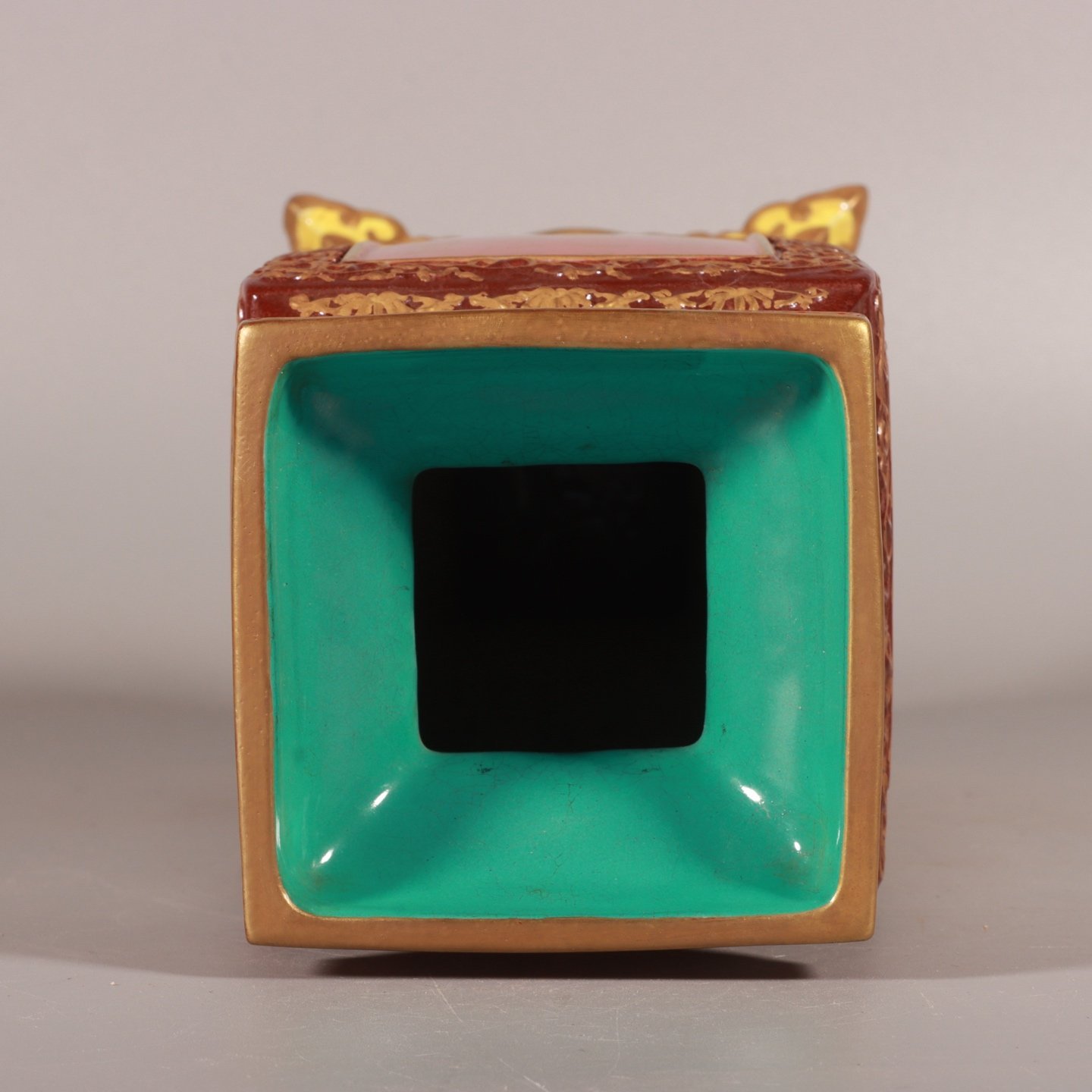 Qing Dynasty Qianlong enamel sauce glaze square vase with gold characters