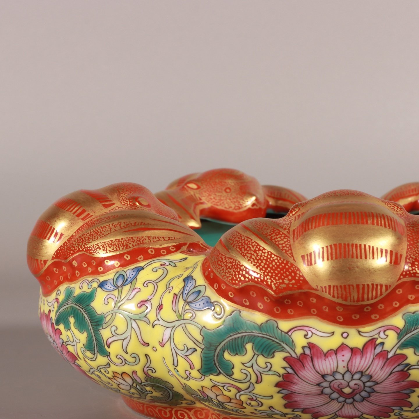 Qing Dynasty Qianlong enamel with yellow ground and lotus branches gold and five blessings washed