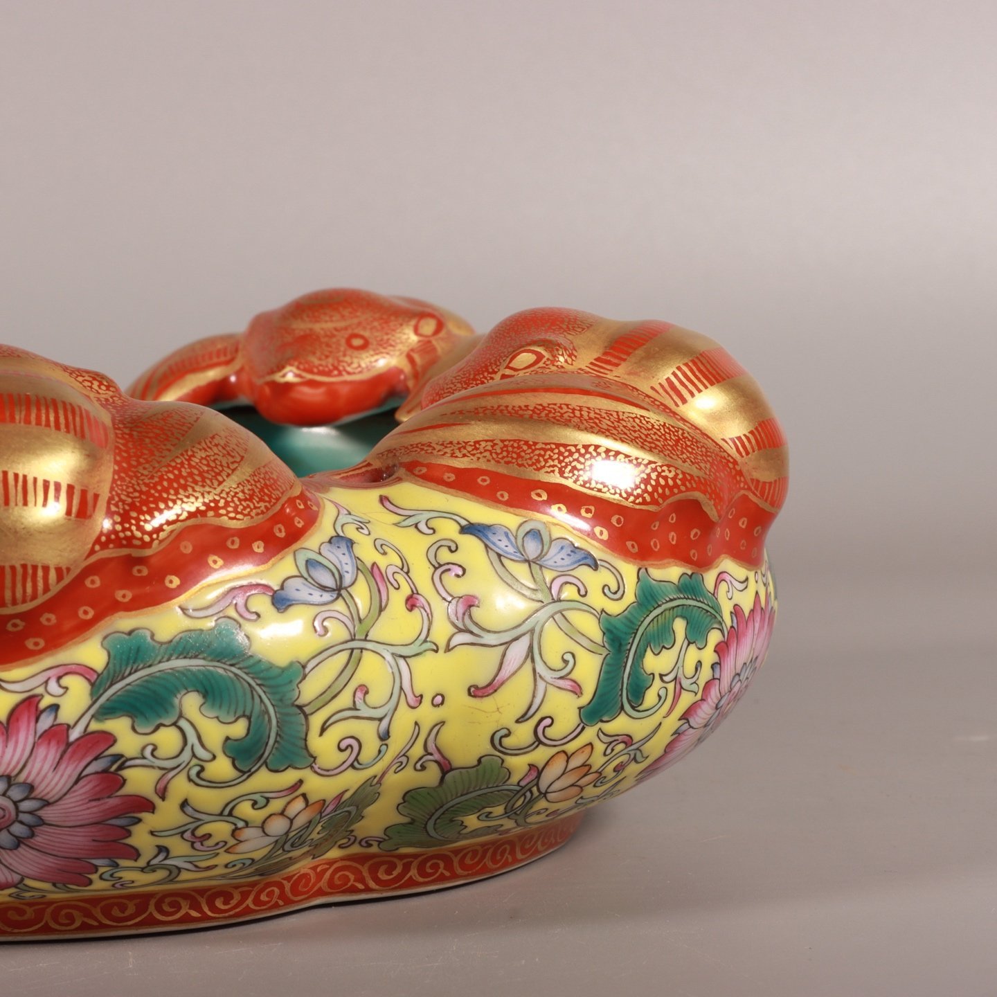 Qing Dynasty Qianlong enamel with yellow ground and lotus branches gold and five blessings washed