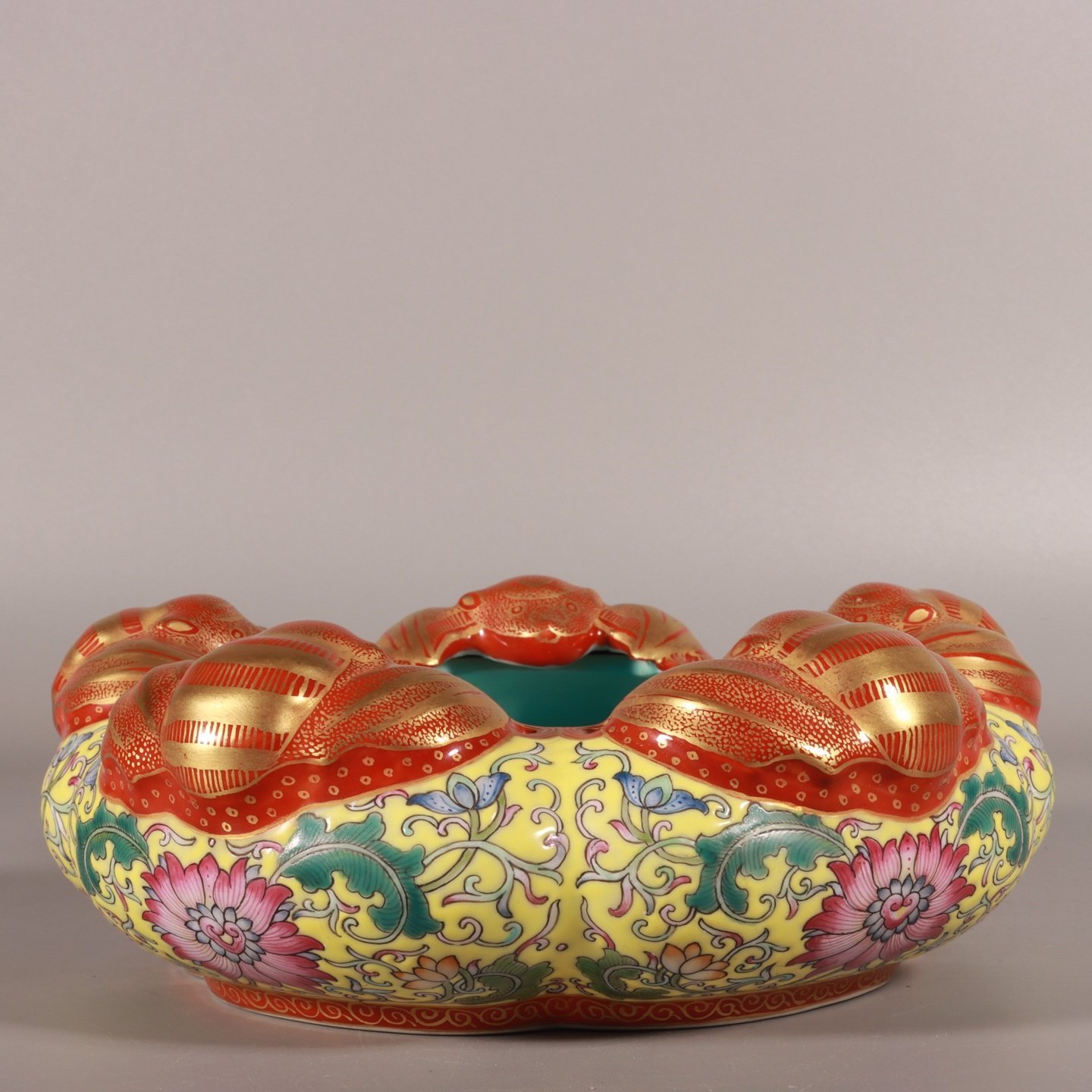 Qing Dynasty Qianlong enamel with yellow ground and lotus branches gold and five blessings washed