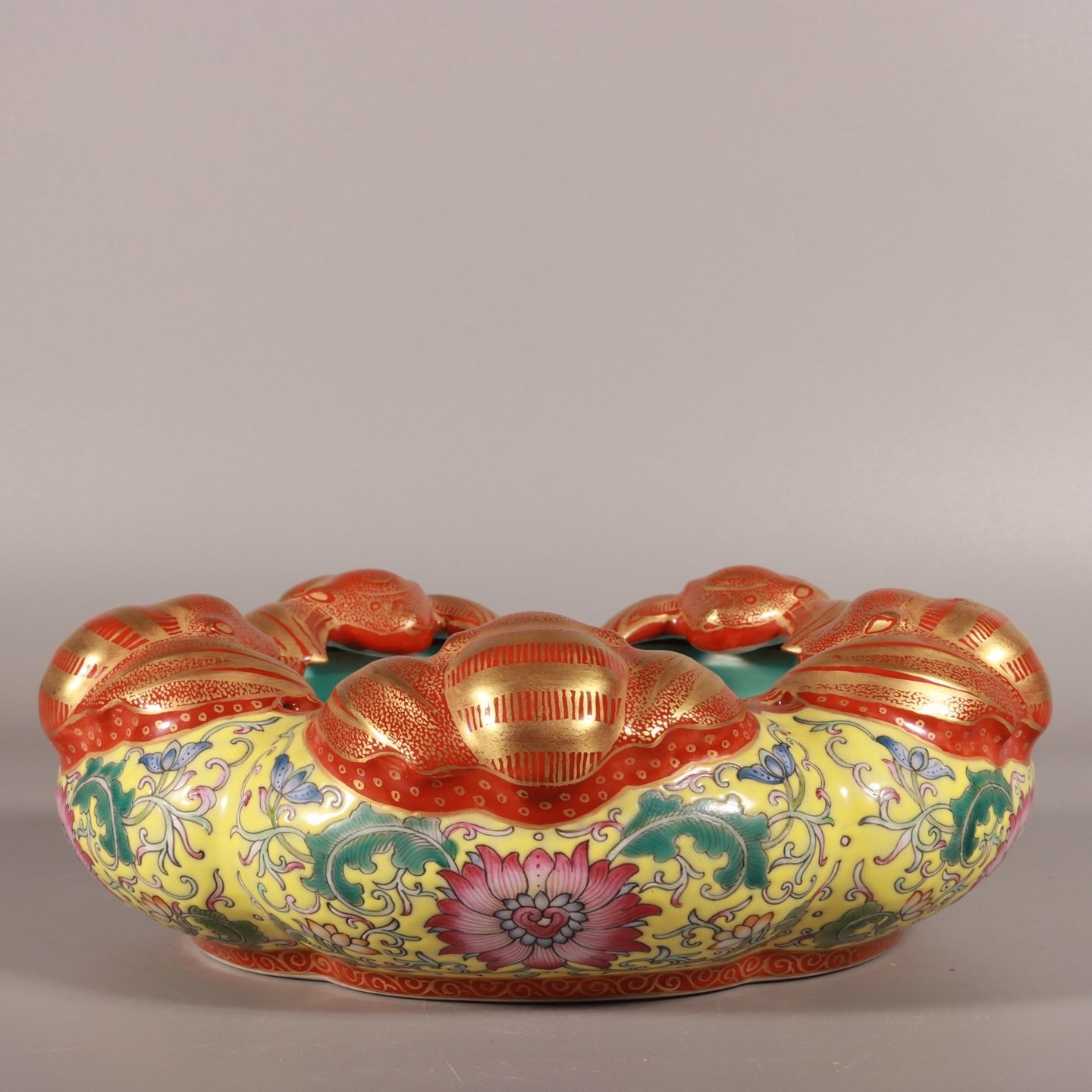 Qing Dynasty Qianlong enamel with yellow ground and lotus branches gold and five blessings washed