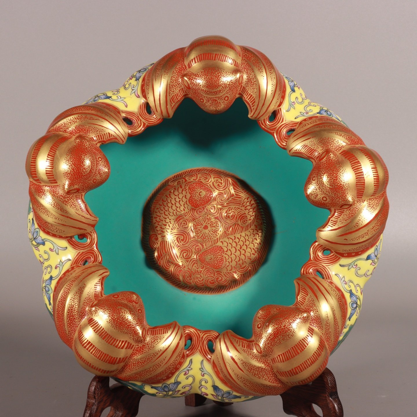 Qing Dynasty Qianlong enamel with yellow ground and lotus branches gold and five blessings washed