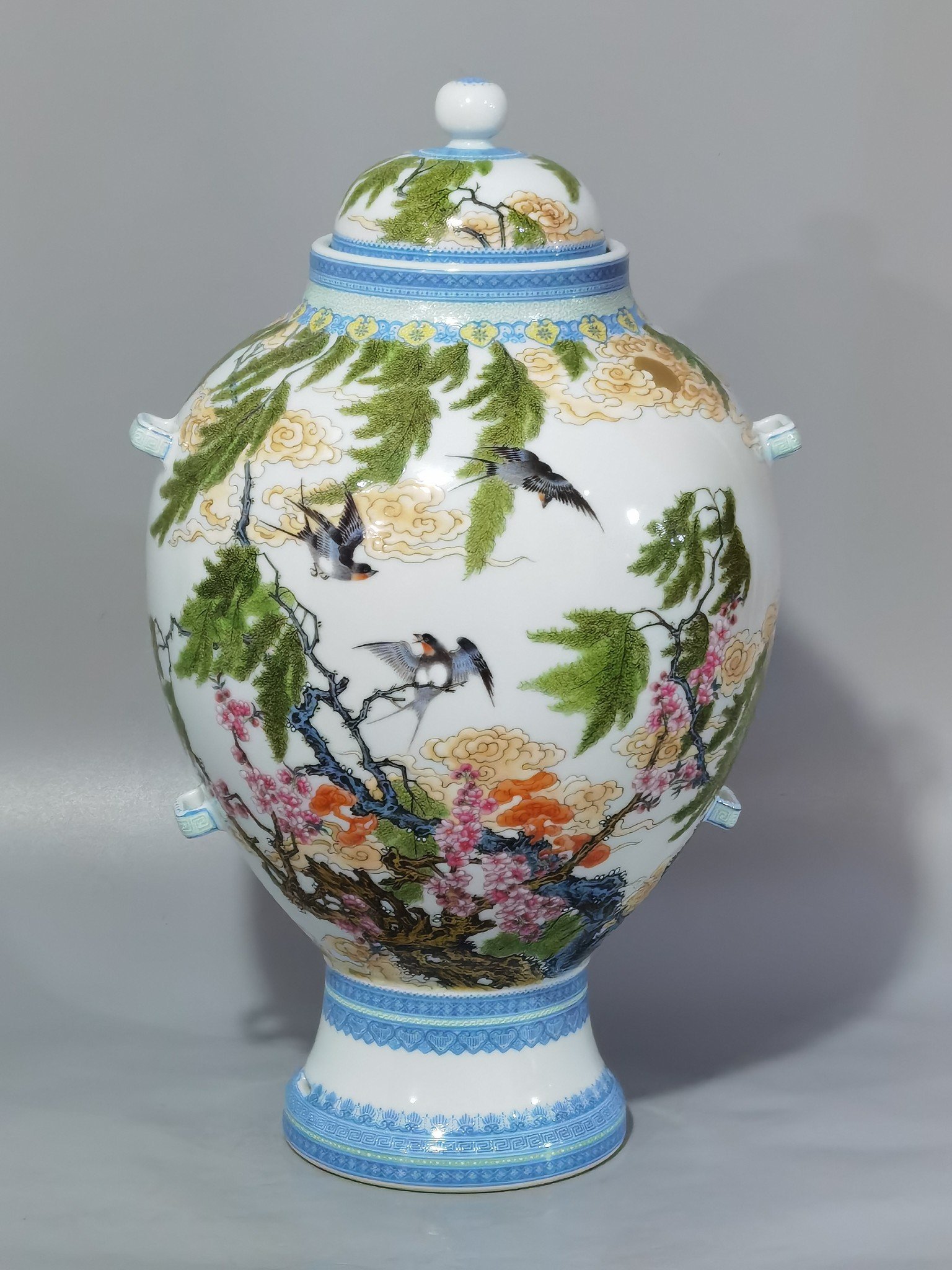 Qing Dynasty Yongzheng enamel-colored willow and swallow pictures four-eared vase
