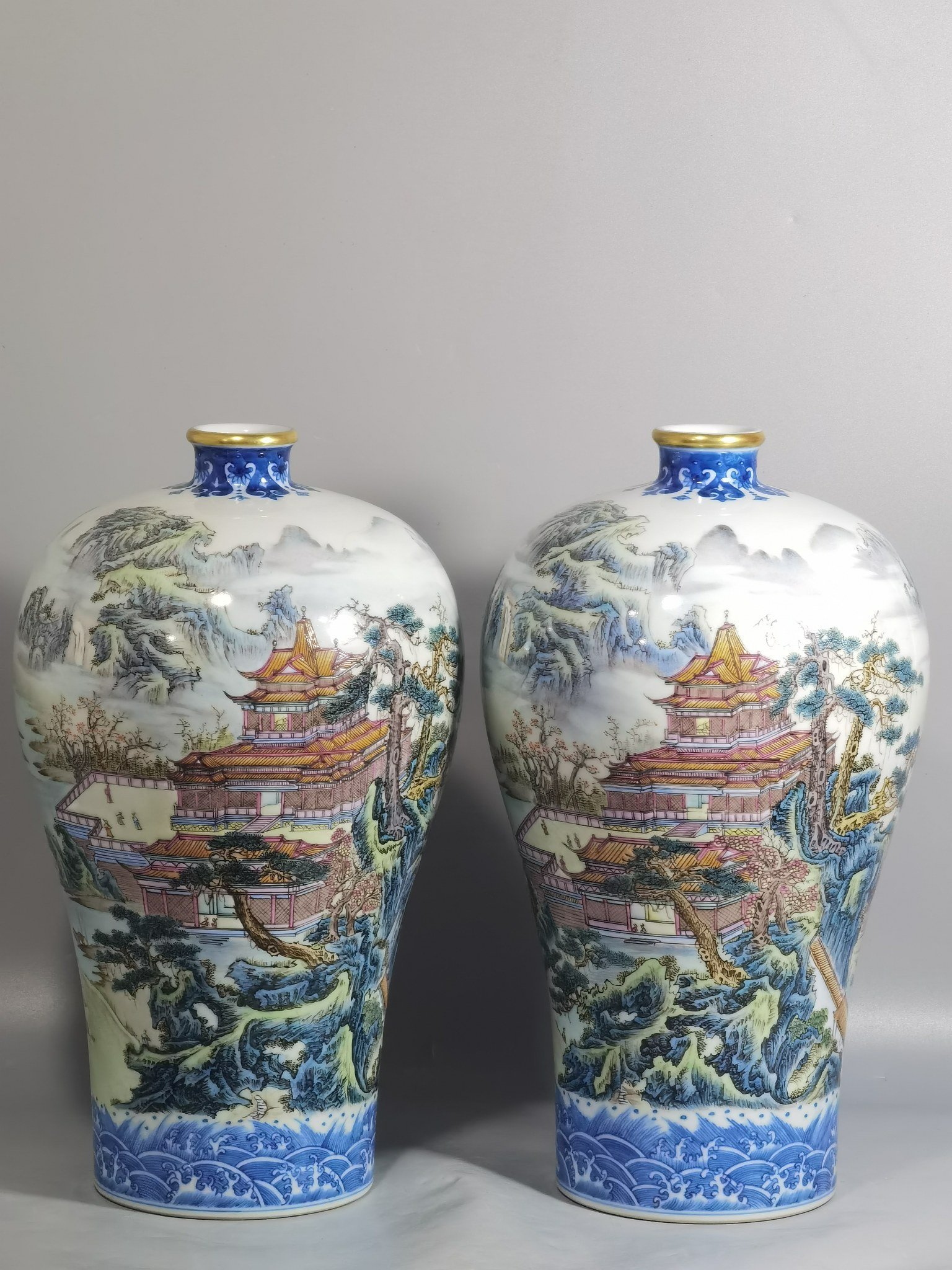 Qing Dynasty Yongzheng upper and lower blue lace pastel pavilions landscapes and figures plum vase
