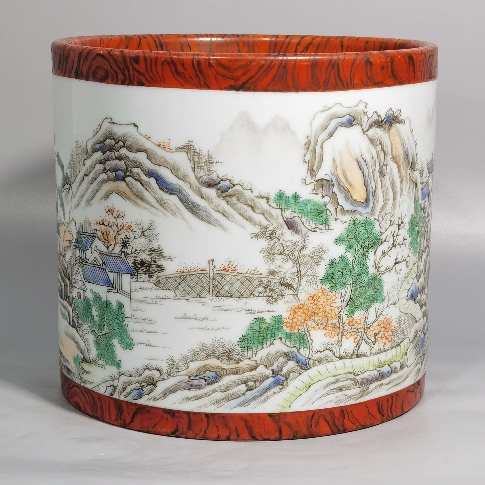 Qing Dynasty Yongzheng wood grain glaze pastel landscape figure pen holder