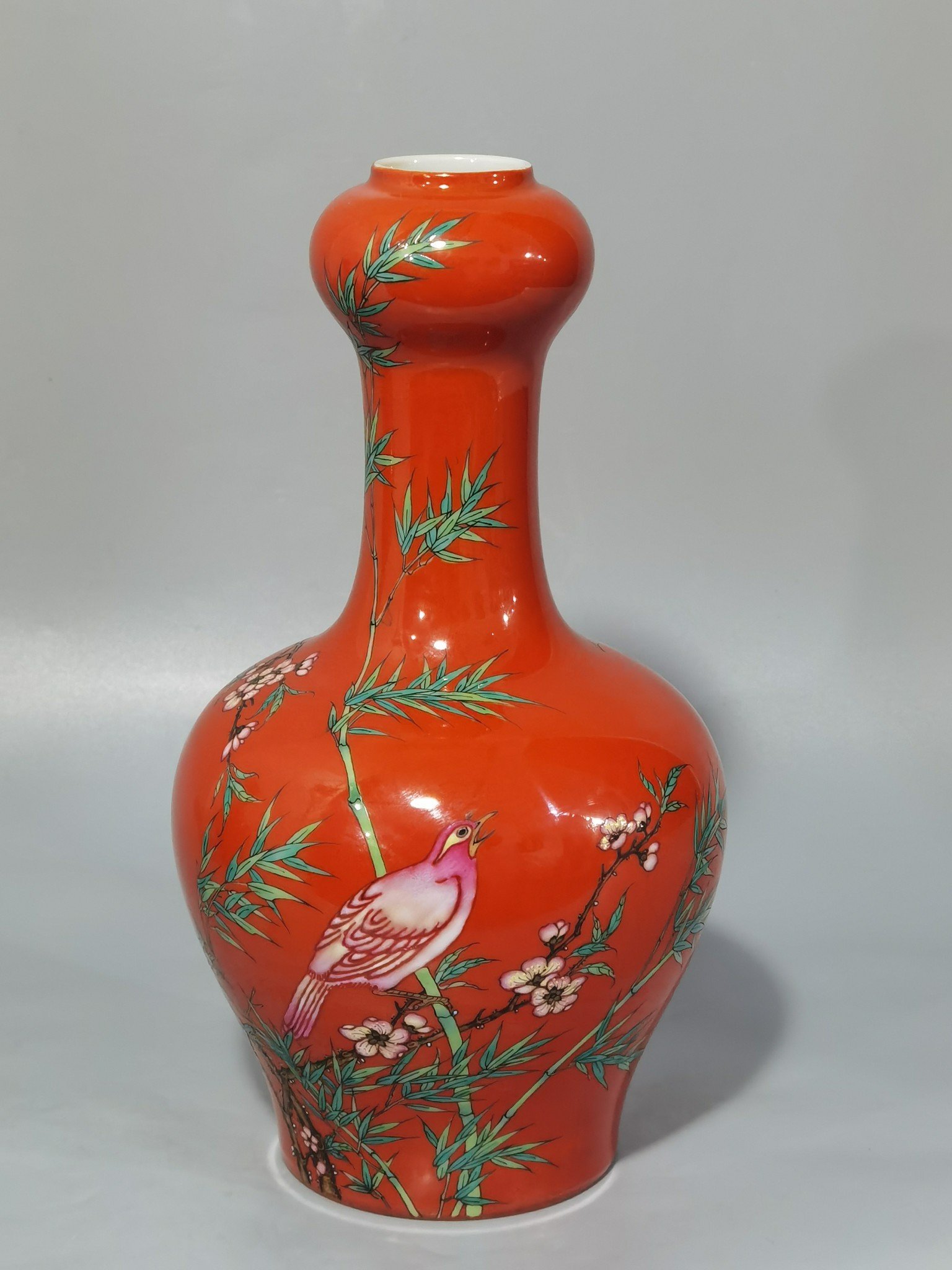 Qing Dynasty Yongzheng coral red ground pastel flower and bird garlic vase