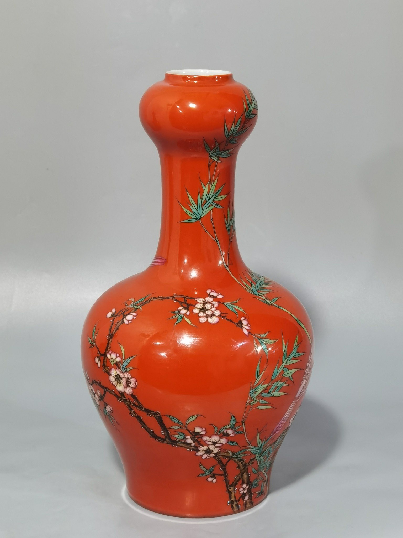 Qing Dynasty Yongzheng coral red ground pastel flower and bird garlic vase
